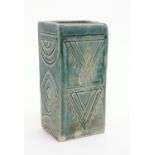 A studio pottery slab vase with incised geometric detail. With incised maker's mark KL under.