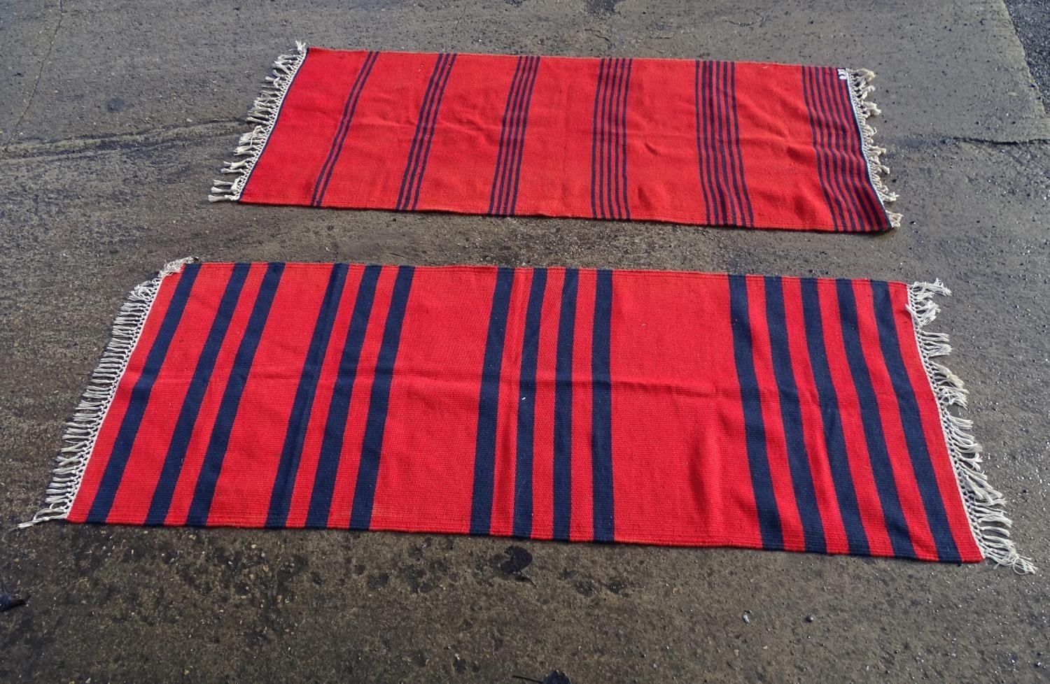 Two hand woven rugs / runners with red and navy blue stripes. One with label designed and hand woven - Image 4 of 5