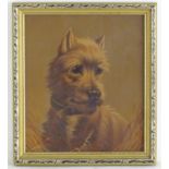 XIX-XX, Over-painted print, A portrait of a terrier dog. Facsimile signed Simon lower. Approx. 9"