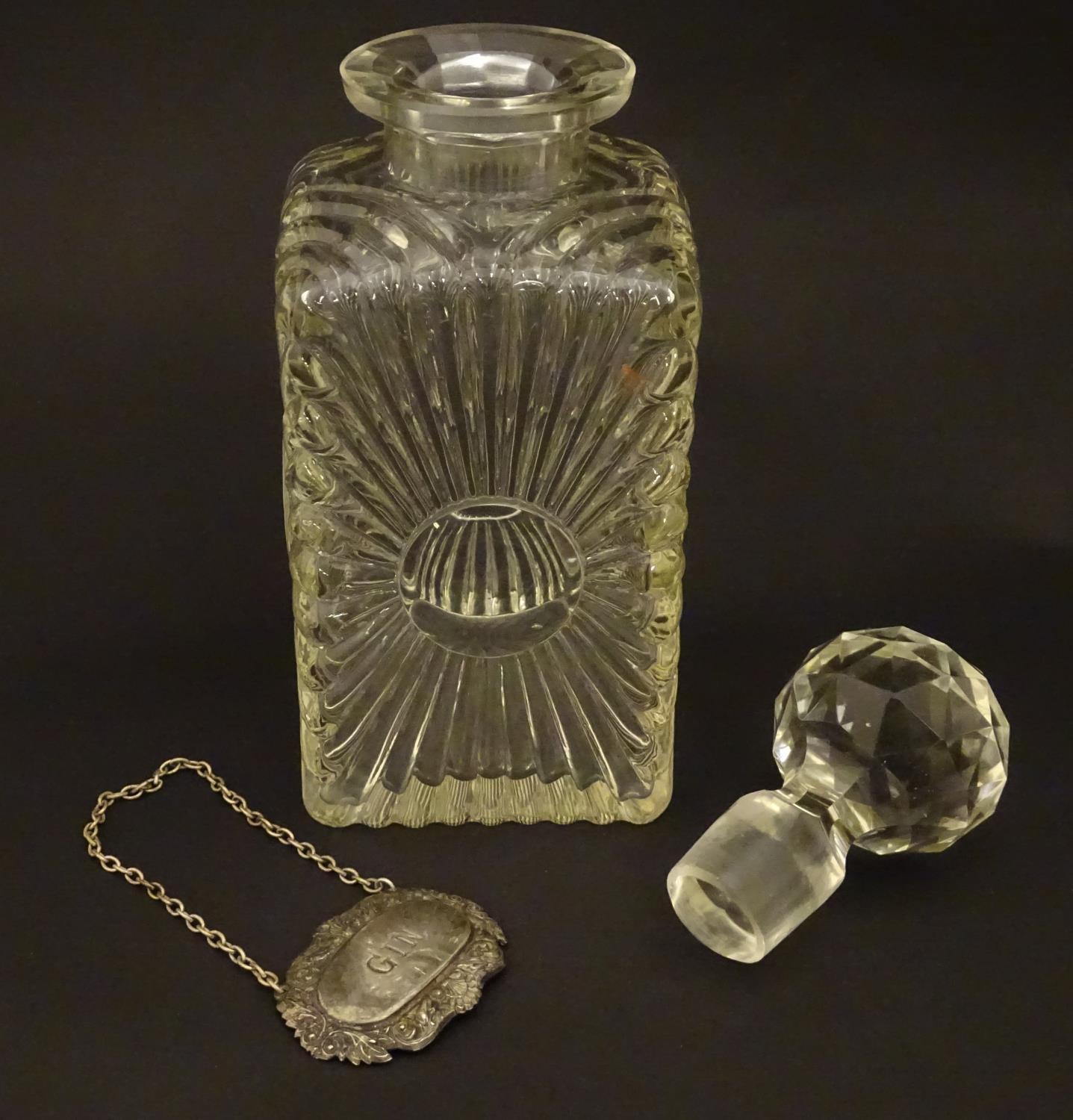 An early 20thC glass decanter of squared form. Together with a silver plate wine label / bottle - Image 4 of 7