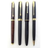 An assortment of Parker pens, comprising a mid 20thC Duofold fountain pen with 14KT gold nib, Sonnet