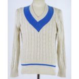 Vintage clothing/ fashion: A Dunhill men's jumper in white and blue, size small. Chest size 38"