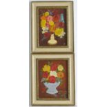 XX, Oil on board, A pair of still life studies with flowers in vases. Each monogrammed lower