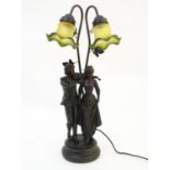 A late 20thC / 21stC table lamp with figural decoration and twin branches wit green glass shade