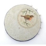 A late 19th / early 20thC pin cushion of circular form with hand painted silk detail depicting a