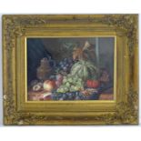 XX, Continental School, Oil on panel, A still life study with fruit, vegetables and a German