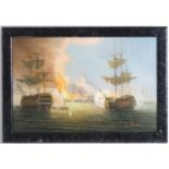 James Hardy, XX, Oil on canvas, A sea battle with tall ships off a coastal city. Signed lower right.