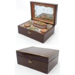 A French 19thC Palais Royal sewing box, the fitted interior with two glass scent bottles, various