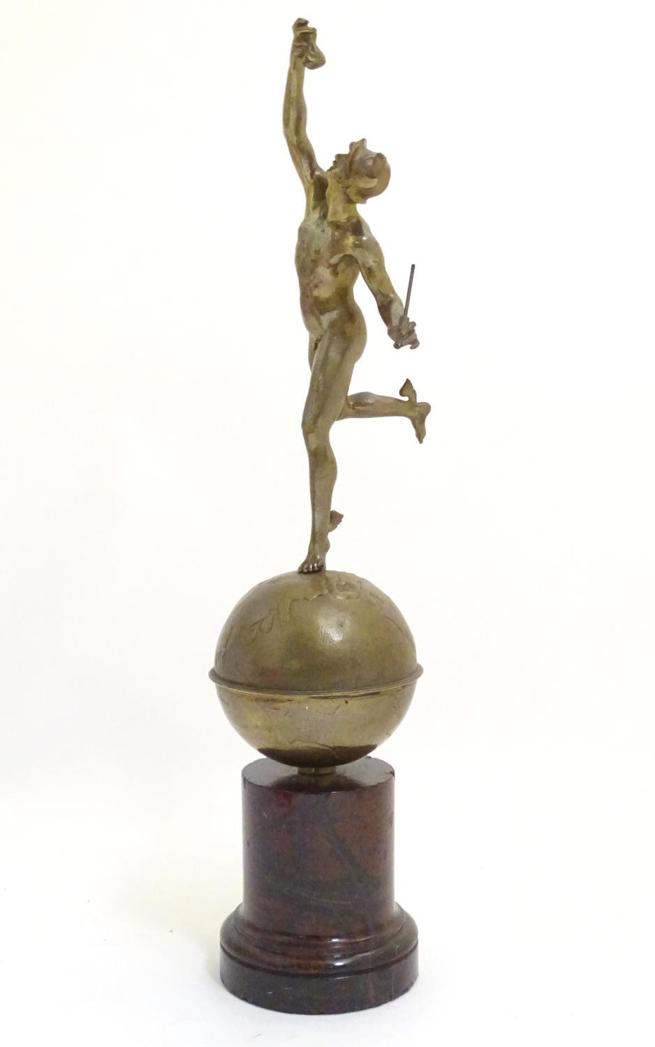 A cast sculpture modelled as Mercury / Hermes on top of the world, on a serpentine base. Approx. - Image 3 of 6