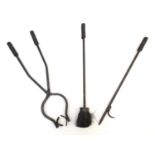 Three wrought iron blacksmith made fire tools comprising tongs, poker and brush. Approx. 24" long (