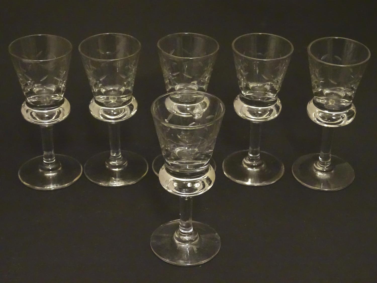 A set of six crystal sherry glasses formed as thistles, with cut roundel decoration, each 4 1/8" - Image 6 of 6