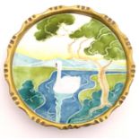 A German Art Nouveau card tray / dish with tube lined enamelled detail depicting a river landscape