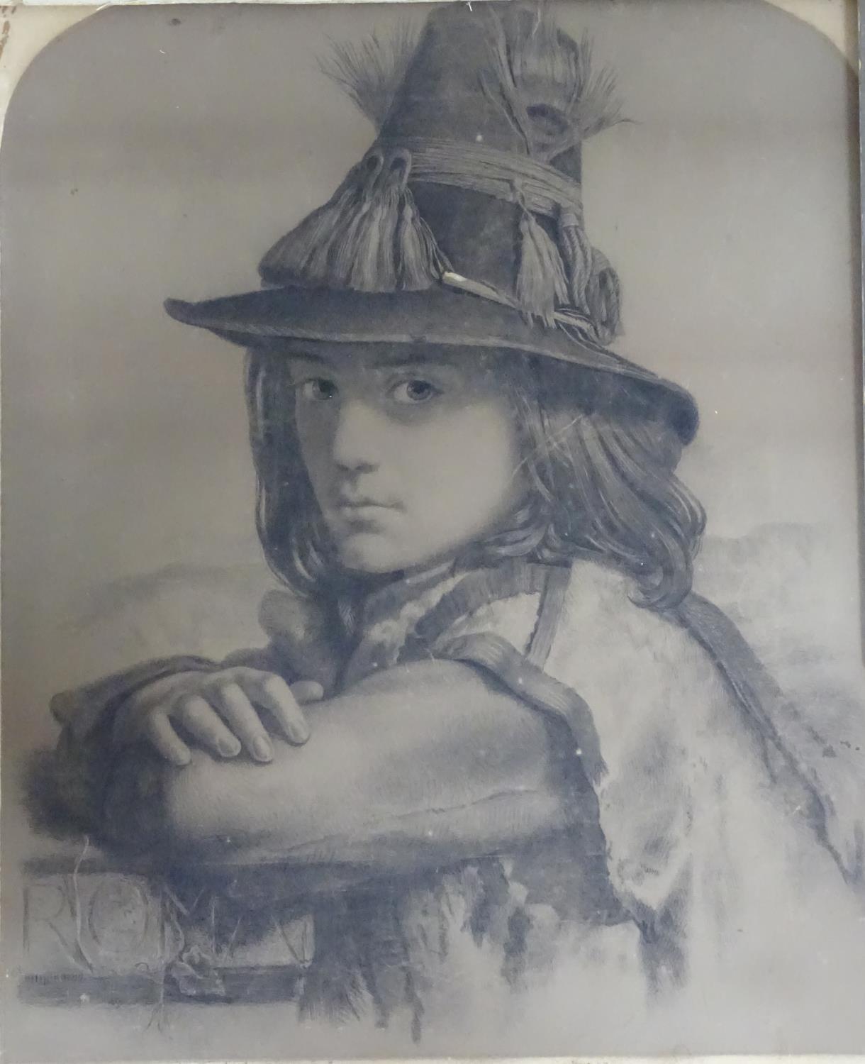 A folio of works comprising XIX pencil and charcoal drawing depicting a portrait of a young alpine - Image 4 of 16