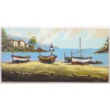 XX, Oil on canvas, A coastal scene in Mallora with boats on a beach. Approx. 32 1/4" x 64" Please