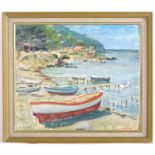 Peter Moller, XX, Continental School, Oil on board, A beach scene with moored boats and a village