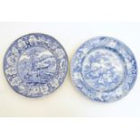 Two blue and white plates, to include The Gleaners and a landscape scene with figures and horses.