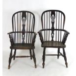 A pair of 19thC ash and elm Windsor chairs with double bowed backs, pierced back splats and raised