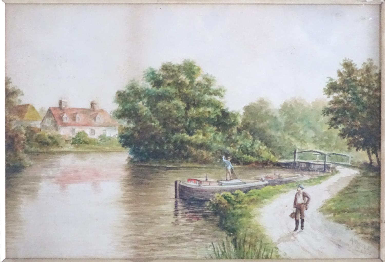 A. Mickle, XX, Watercolours, A pair of river landscape scenes with buildings, bridges, figures and - Image 3 of 6