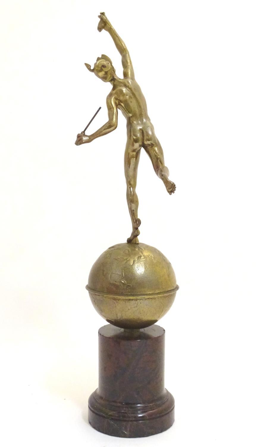 A cast sculpture modelled as Mercury / Hermes on top of the world, on a serpentine base. Approx. - Image 4 of 6