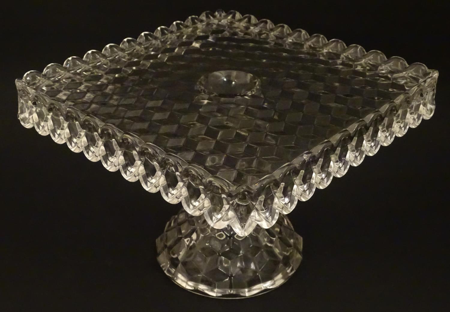 A vintage American Fostoria cube glass tazza / cake stand with squared top. 7 1/4"high x 10" high - Image 2 of 6