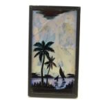 An early 20thC butterfly wing style picture with silhouette depiction of palm trees, sailing boats