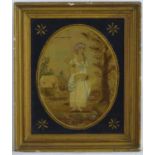 A 19thC oval silkwork, needlework and watercolour depicting a young woman in a country landscape