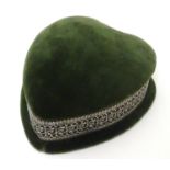 A green velvet covered ring box / jewellery box of heart shape with silver surround hallmarked