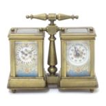Desk Compendium : a late 20thC brass carriage clock and barometer having hand painted porcelain
