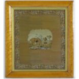 A 19thC needlework / embroidery depicting a landscape shooting scene with a man shooting pheasants
