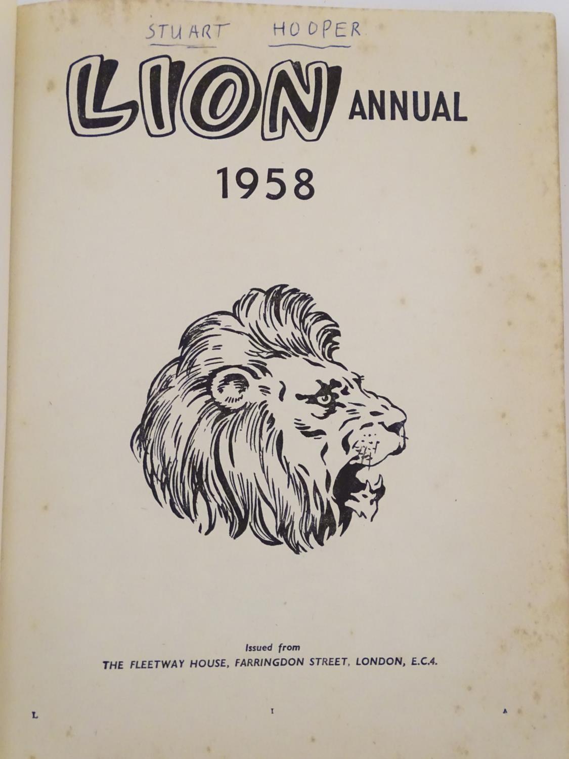 Book: Lion Annual 1958, pub. Fleetway House, featuring the comics Prisoners of the Space Outlaws, - Image 2 of 9