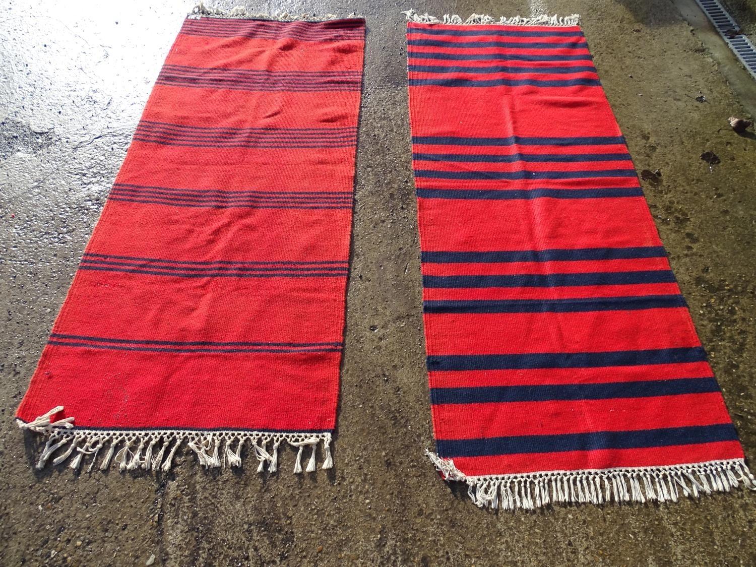 Two hand woven rugs / runners with red and navy blue stripes. One with label designed and hand woven - Image 2 of 5