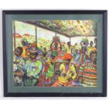 Judus Mahlangu, XX, South African School, Watercolour and gouache, An interior bus scene with