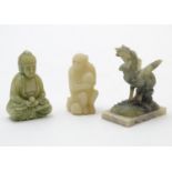 Three Oriental carved items to include a hardstone model of Buddha, a soapstone model of a monkey