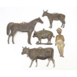 Five Italian style white metal embossed votive plaques, to include a horse, donkey, pig, bull and