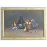 K. Benton, XX, Oil on canvas, A still life study of fruit in a bowl with a vase. Signed lower right.