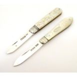 Two folding fruit knives with mother of pearl handles with engrave decoration and silver blades