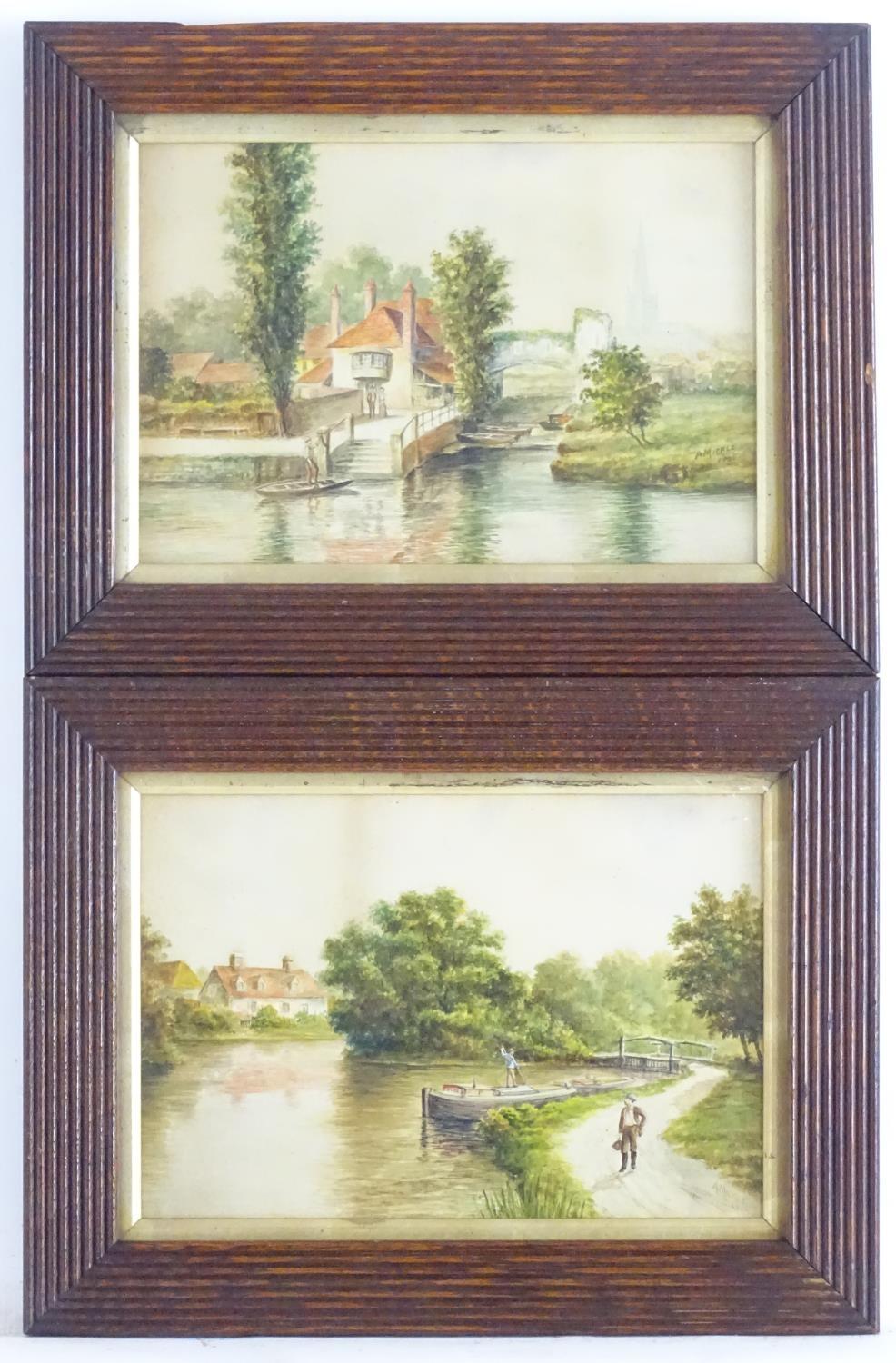 A. Mickle, XX, Watercolours, A pair of river landscape scenes with buildings, bridges, figures and