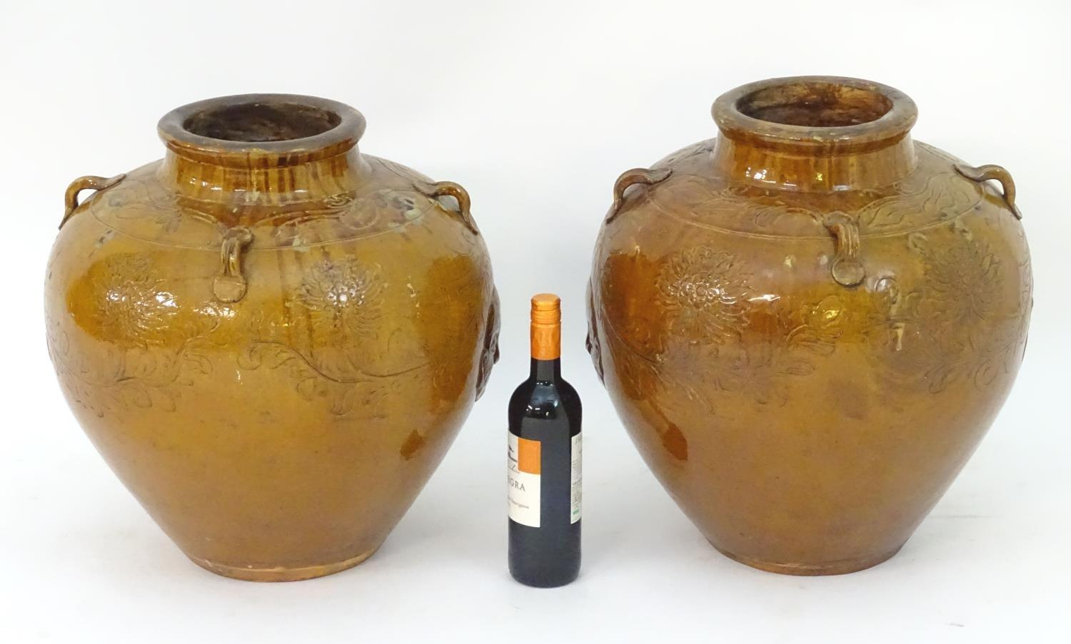 A pair of large Chinese earthenware salt glaze vases with applied handles and incised decoration - Image 4 of 9