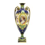 A Royal Bonn vase of baluster form with twin handles, decorated with a portrait of a woman within