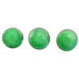 A set of three silver buttons with green guilloche enamel decoration, each marked Sterling.