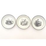 Three small 19thC monochrome dishes, each depicting a mother and child playing. Approx. 4 1/4"