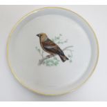 A French L Lourioux Le Faune plate with a gilt rim decorated with a hawfinch bird on a branch.