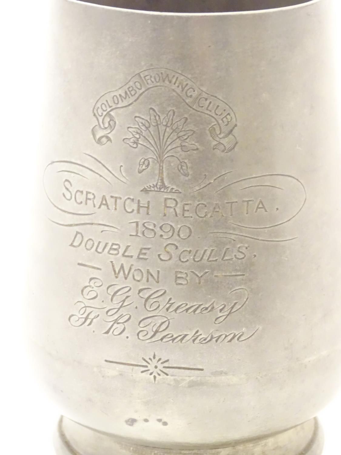 Rowing interest : A 19thC silver plate mug of tankard form engraved ' Colombo Rowing Club, Scratch - Image 5 of 6
