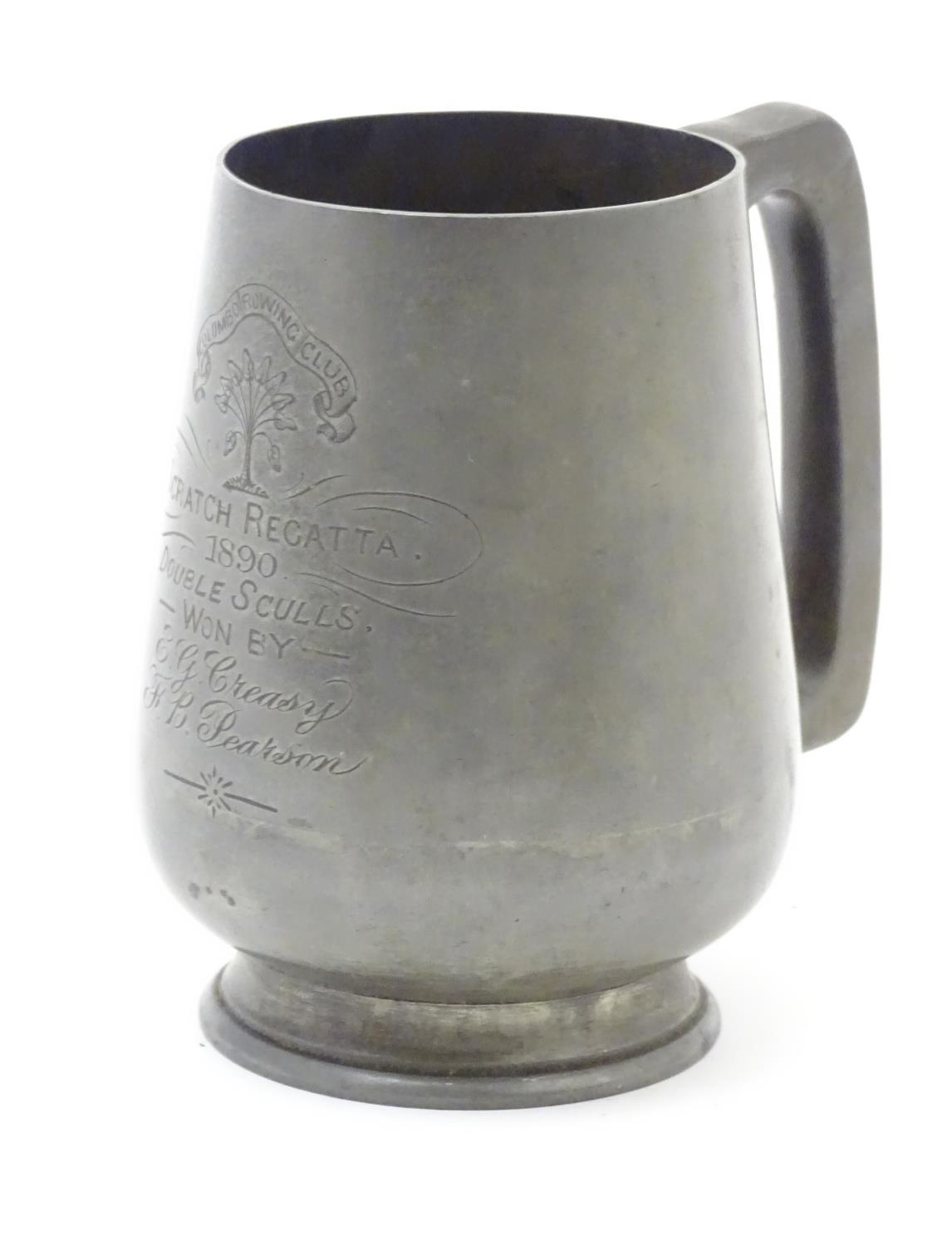 Rowing interest : A 19thC silver plate mug of tankard form engraved ' Colombo Rowing Club, Scratch - Image 3 of 6