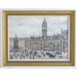 Edward Lake, XX, Oil on board, Albert Square, Manchester with figures. Signed lower right. Approx. 1