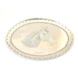 Equestrian Interest: A silver pin dish / card tray with engraved horse head decoration, hallmarked