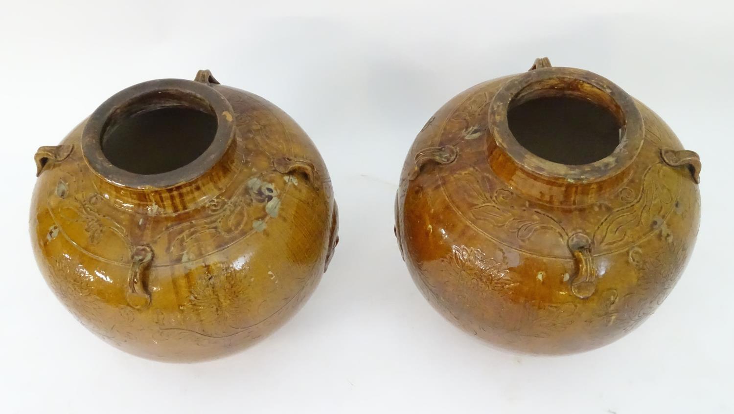 A pair of large Chinese earthenware salt glaze vases with applied handles and incised decoration - Image 5 of 9