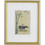 Japanese School, Watercolour, A figure riding a buffalo with bamboo in the foreground. Approx. 5 1/