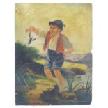 XIX, Naive School, Oil on artist's card, A coastal scene depicting a boy paddling / rock pooling