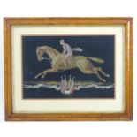 A French silkwork embroidery depicting a portrait of a racehorse and jockey, titled to banner